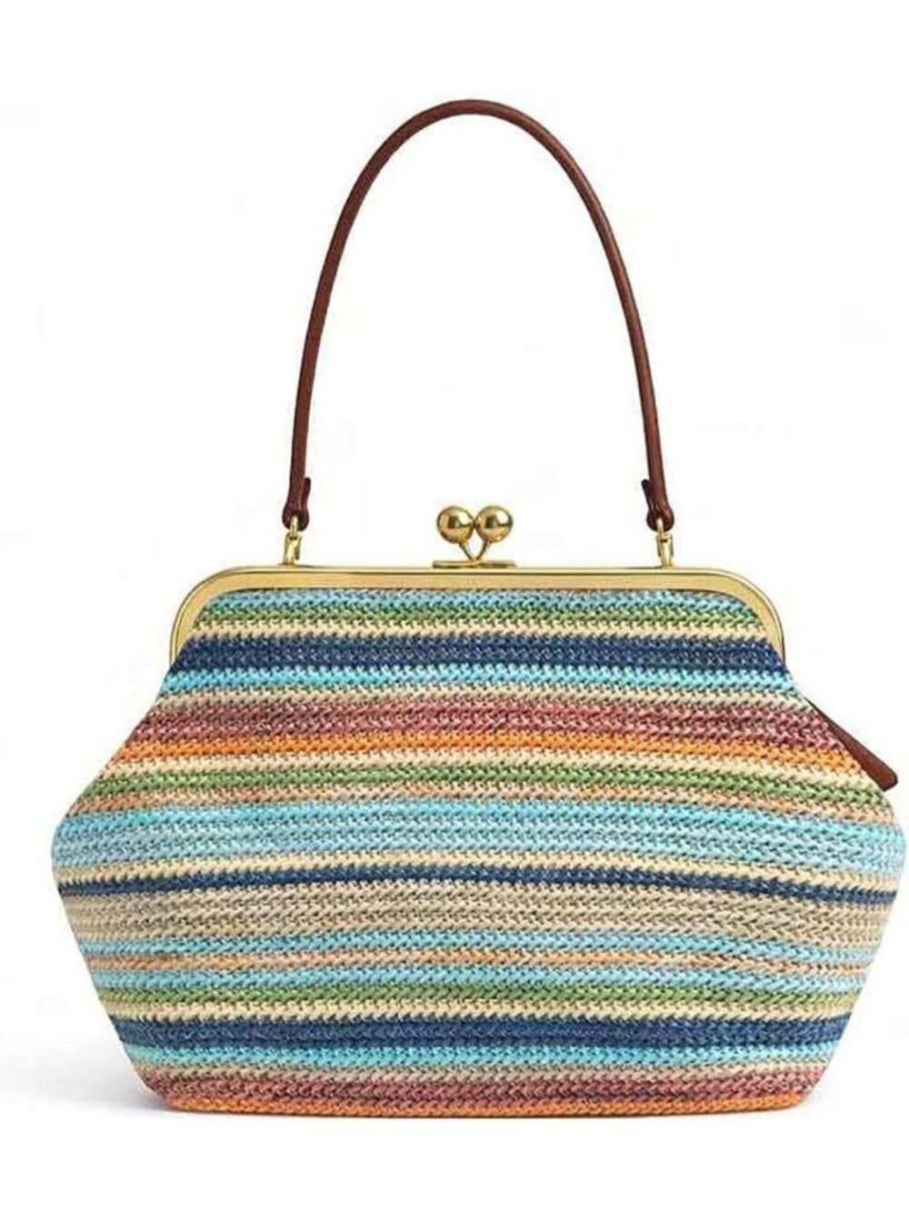 Chic Straw Kiss Lock Handbag - Large Woven Clasp Purse for Summer Vacations